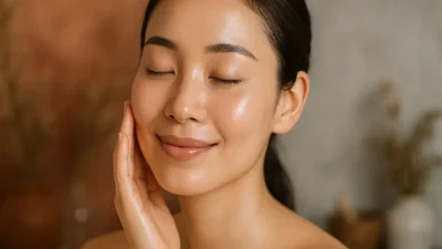 韓方ピーリングでツヤのある美しい肌を手に入れた女性が、優しく頬に触れている様子。