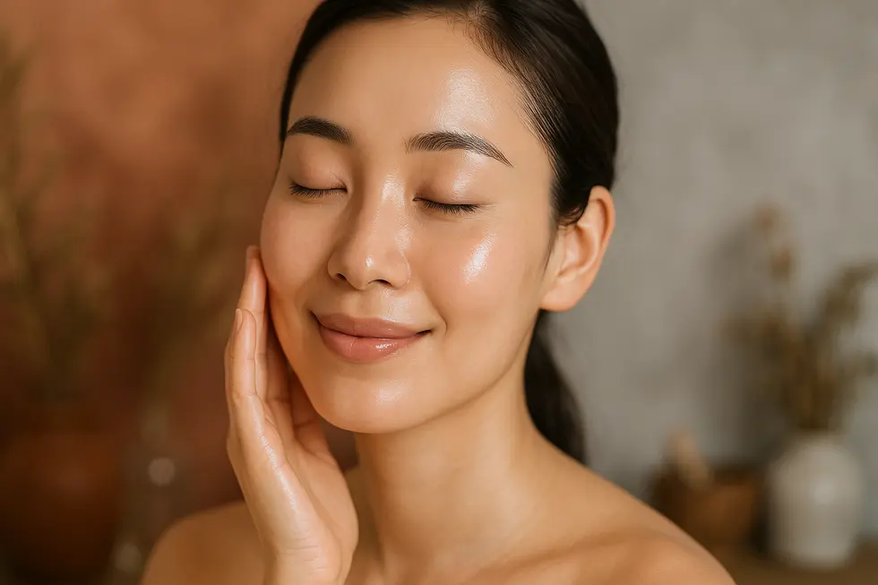 韓方ピーリングでツヤのある美しい肌を手に入れた女性が、優しく頬に触れている様子。