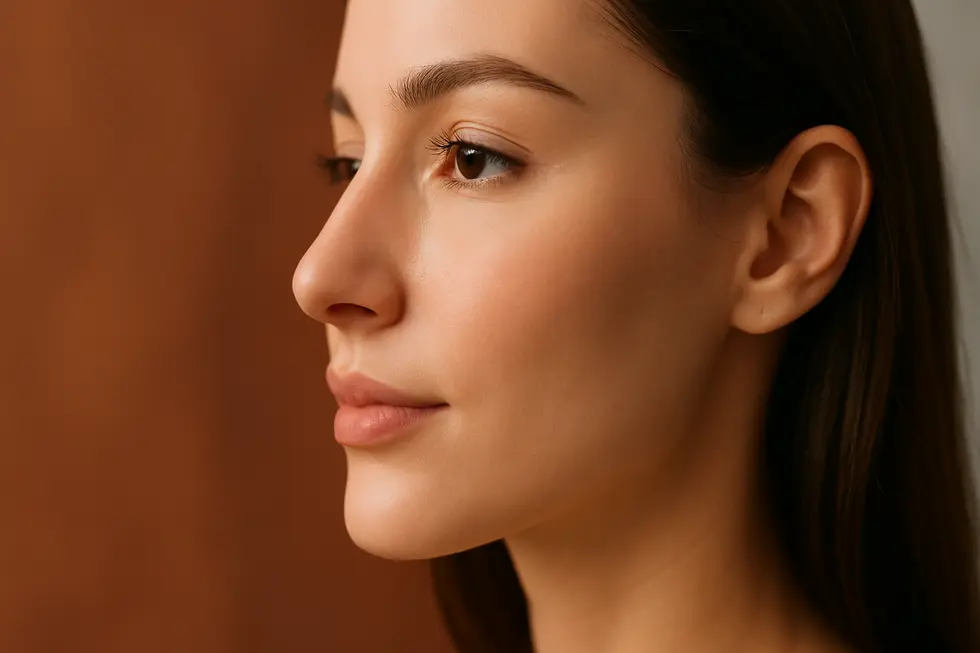 自然に整えられた美しい鼻のラインが際立つ女性の顔のクローズアップ画像。穏やかな光が鼻の輪郭を強調している。