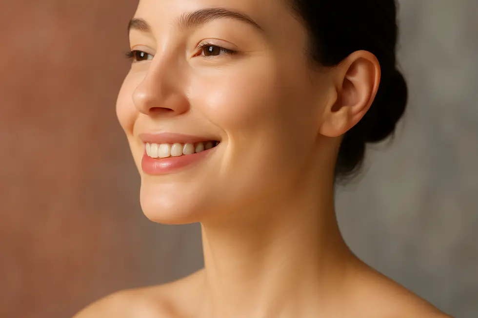 I2PL治療を受けた後の、透明感とハリのある健康的な肌の女性のクローズアップ。