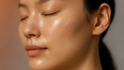 イントラセル治療後の、ハリとツヤのある健康的な肌のクローズアップ。肌は光を反射し、若々しさを表現している。