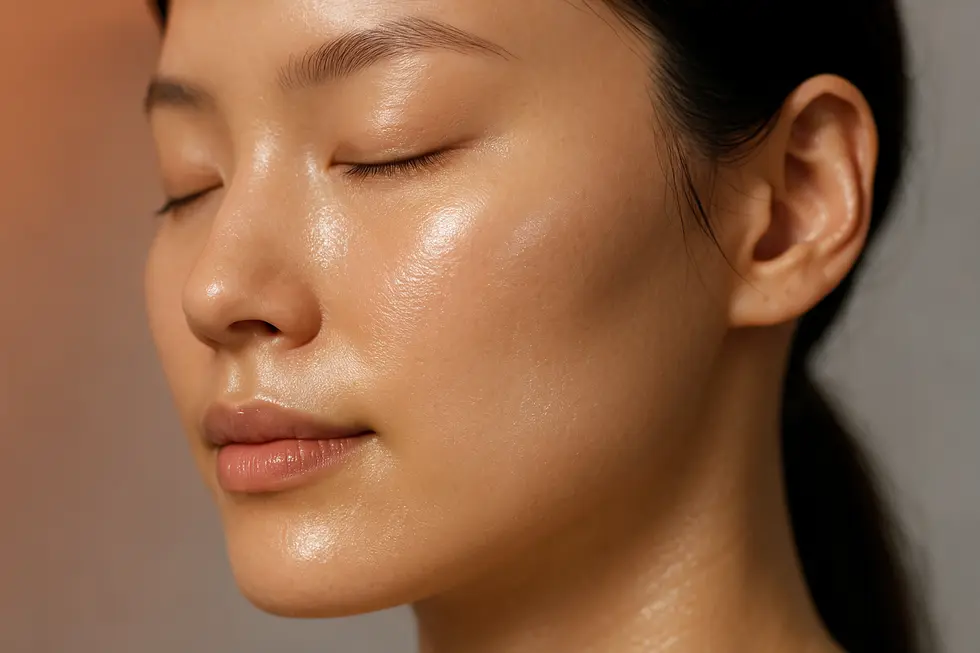 イントラセル治療後の、ハリとツヤのある健康的な肌のクローズアップ。肌は光を反射し、若々しさを表現している。