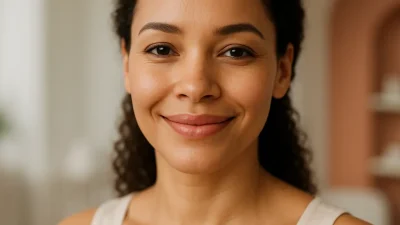 自然な笑顔で口角が上がっている、明るい印象の人物の顔のクローズアップ。