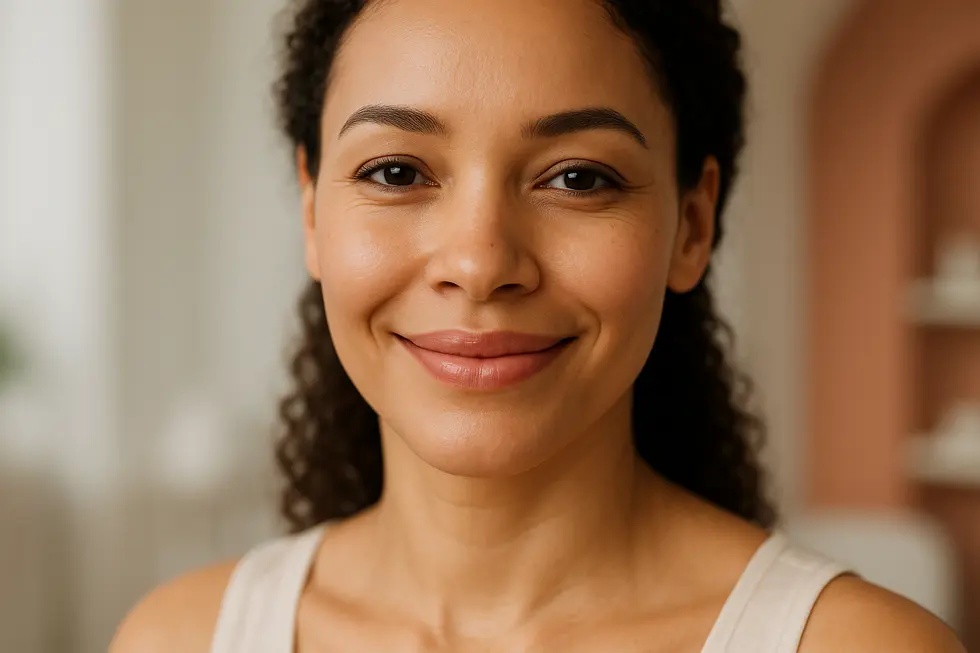 自然な笑顔で口角が上がっている、明るい印象の人物の顔のクローズアップ。