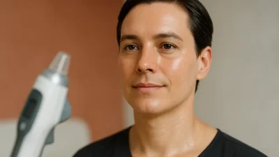 ララジェット施術後のような、潤いとハリのある美しい肌のポートレート。背景には最新の美容機器がぼんやりと見える。