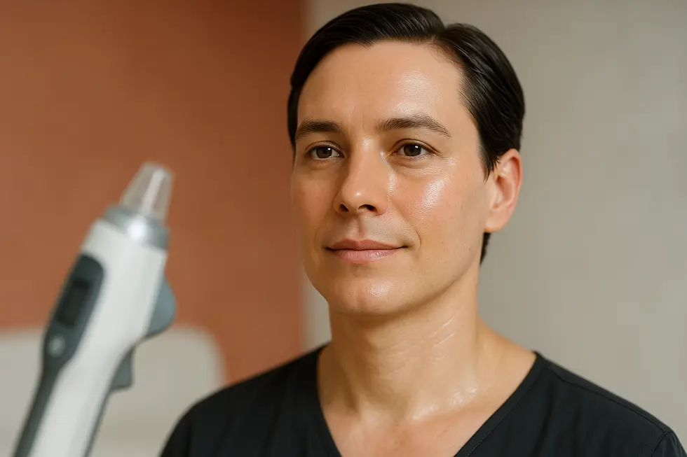 ララジェット施術後のような、潤いとハリのある美しい肌のポートレート。背景には最新の美容機器がぼんやりと見える。