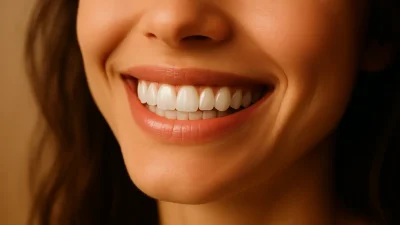 美しく白い歯で微笑む人のクローズアップ画像。