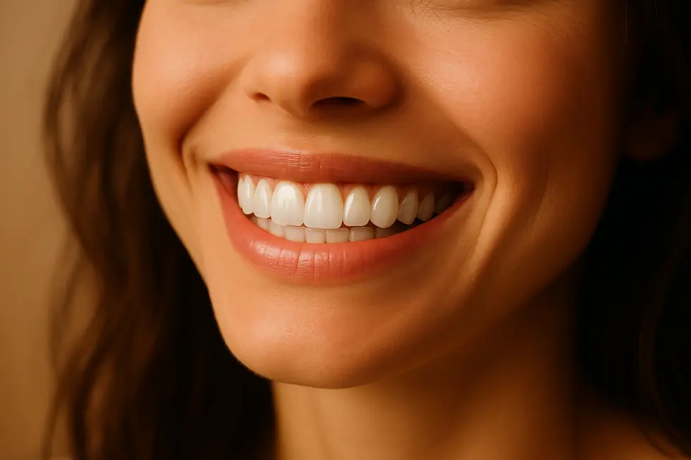 美しく白い歯で微笑む人のクローズアップ画像。