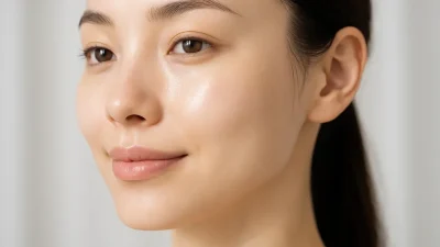 透明感があり、きめ細かく潤った肌を持つ女性の顔のクローズアップ。美容治療による健康的な肌の輝きを表現している。