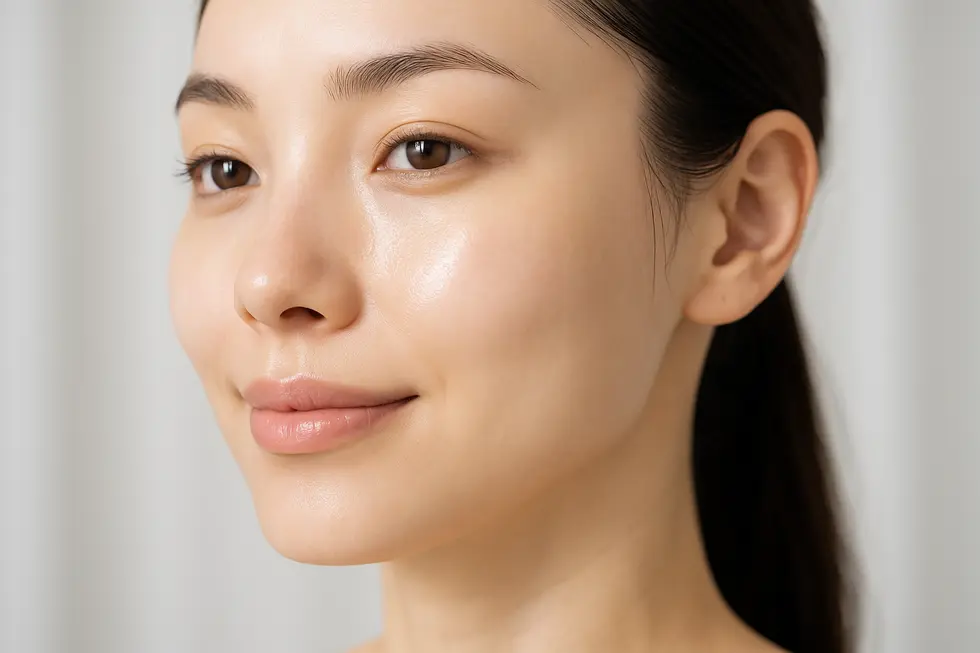 透明感があり、きめ細かく潤った肌を持つ女性の顔のクローズアップ。美容治療による健康的な肌の輝きを表現している。