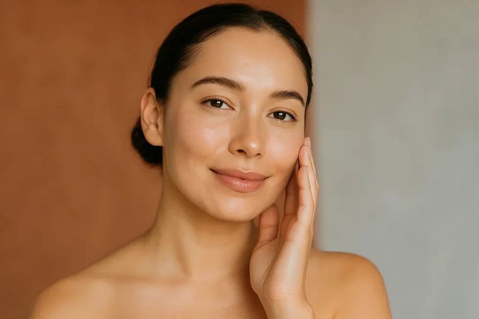 透明感のある肌の女性が優しく頬に触れている様子。レガート治療による肌の再生と若返りを象徴しています。