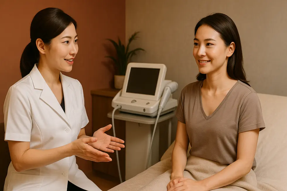 温かい雰囲気の美容クリニックで、エステティシャンが女性にリニアファームについて説明している様子。安心して施術を受けられる雰囲気が伝わります。