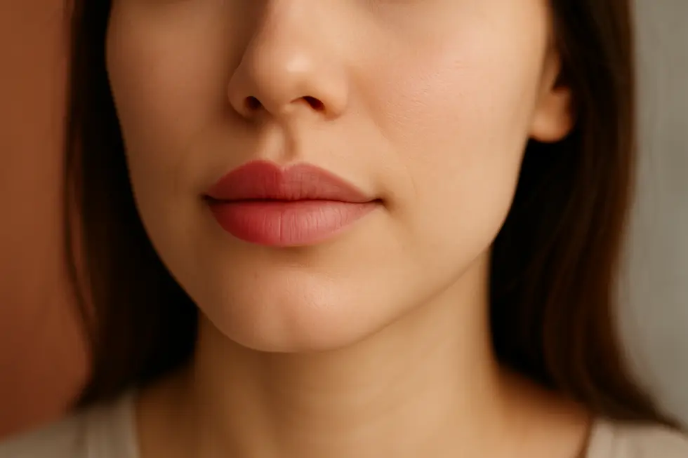 唇のタトゥー施術の前後を表現した、血色感のある美しい唇のクローズアップ画像。