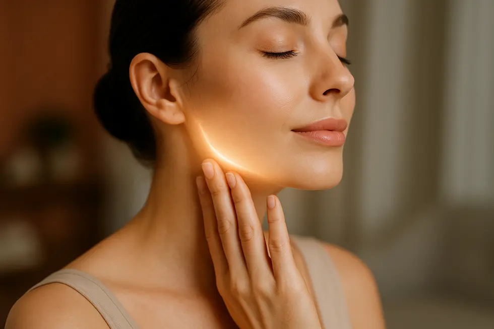 リポダム施術後、引き締まったフェイスラインを優しく触れる人物のクローズアップ。自信と満足感が伝わる、穏やかな写真。