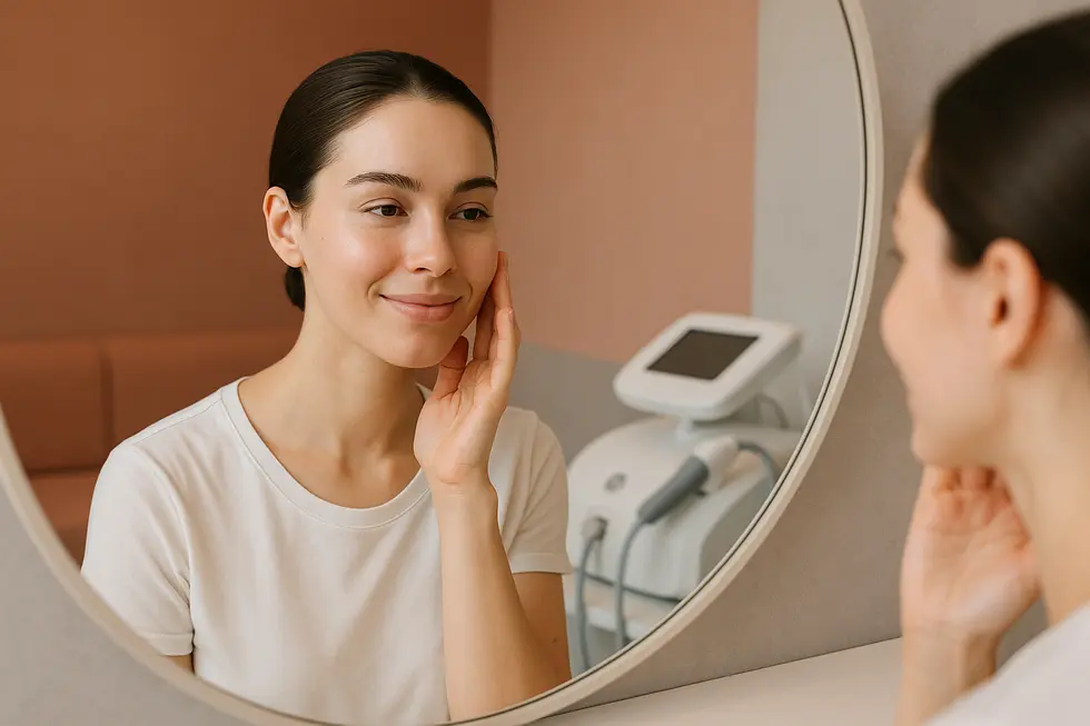 美しく輝く肌の人物が鏡に映る様子。自信と美しさを象徴する、美容レーザー治療のイメージ。