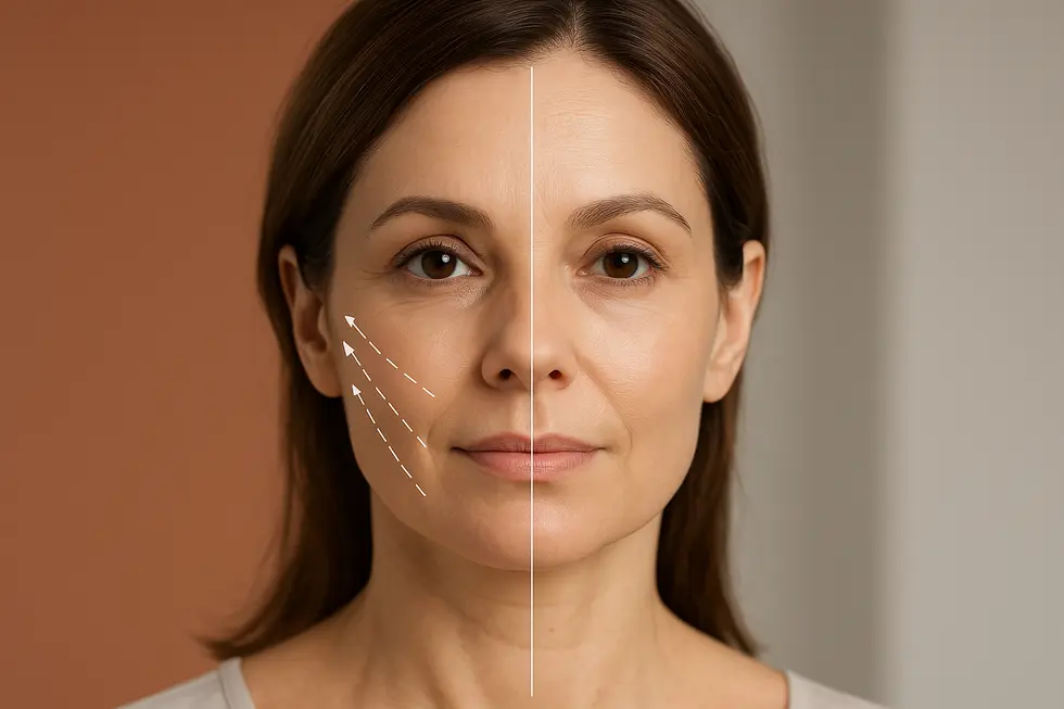 ミント糸リフトにより引き締まり、ハリのある肌になった女性の顔のクローズアップ。