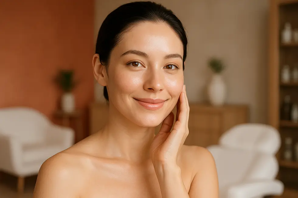 水トックスで肌質が改善され、美しく輝く女性の顔のクローズアップ。