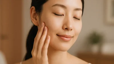 ほくろ除去後、なめらかな肌に優しく触れる女性のクローズアップ。