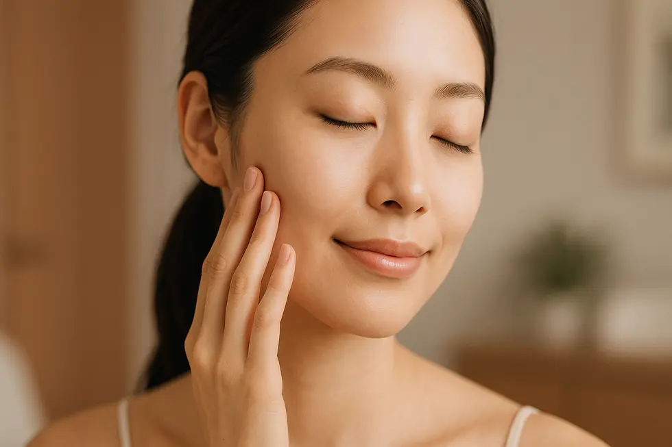 ほくろ除去後、なめらかな肌に優しく触れる女性のクローズアップ。