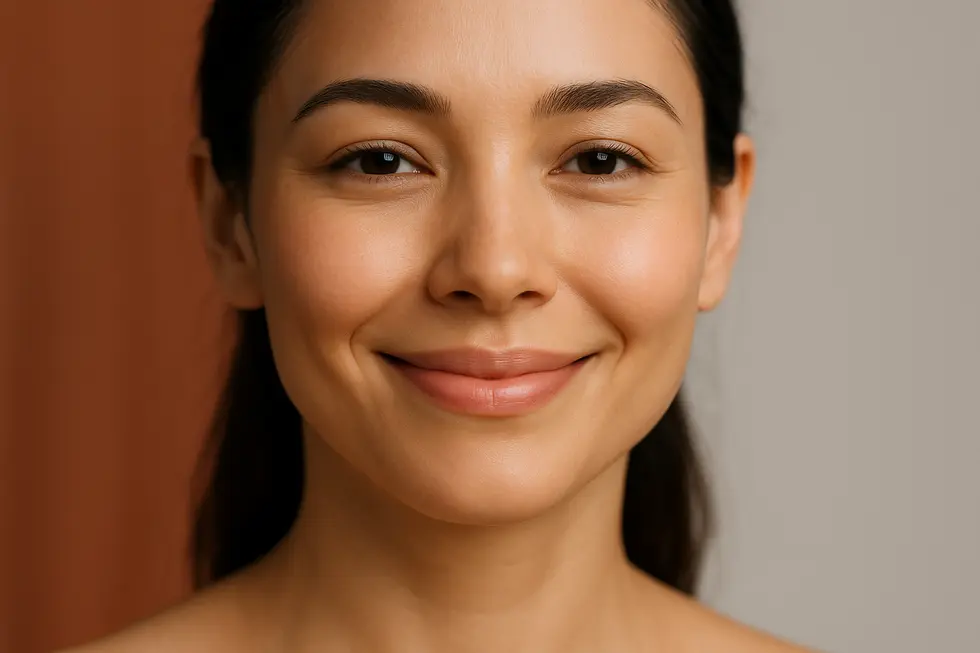 自然に改善された法令線を持つ女性の笑顔のクローズアップ画像。