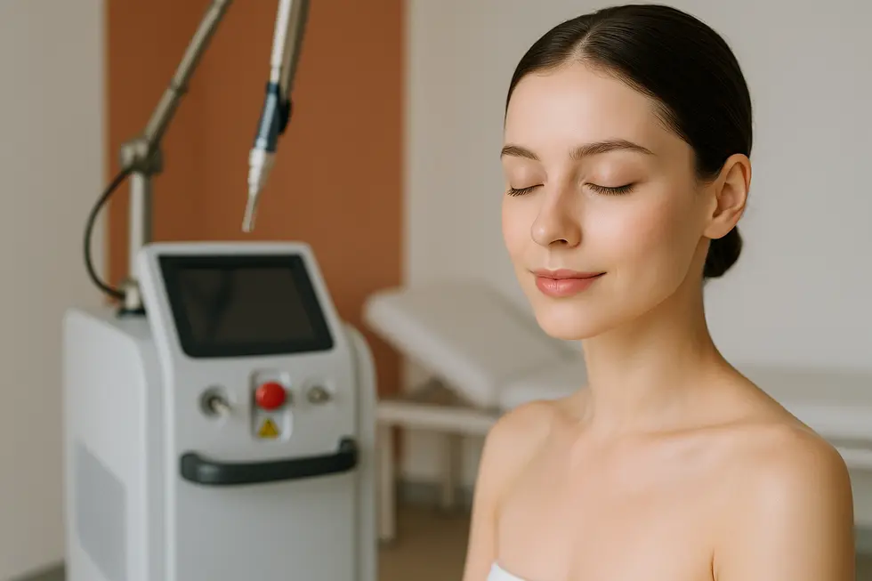 モダンな美容クリニックの室内で、Nd:YAGレーザー機器が背景にあり、前方にクリアで健康的な肌の女性が穏やかな表情でいる様子。