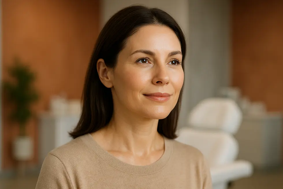 ニューセラ施術で若々しく引き締まったフェイスラインを持つ女性の顔。