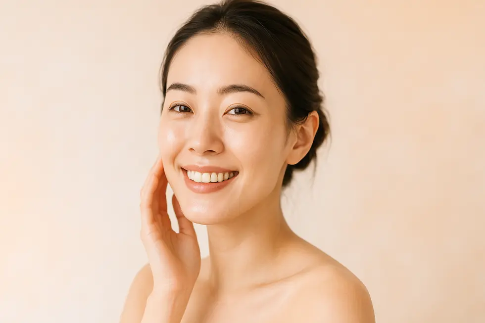 明るく輝く透明感のある肌の女性の顔のクローズアップ。自信と満足感が表現されています。