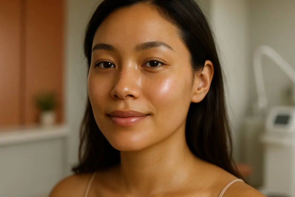 ピコトーニング施術後の明るく均一な肌トーンを示す女性の顔のクローズアップ。