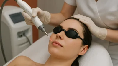 患者が目を保護するゴーグルを着用し、顔にレーザー治療を受けている様子。