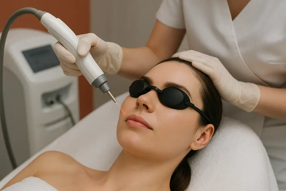 患者が目を保護するゴーグルを着用し、顔にレーザー治療を受けている様子。