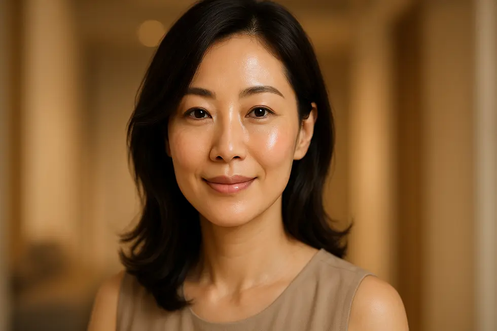 Q.O.FILL施術により、若々しく輝く肌を持つエレガントな女性のポートレート