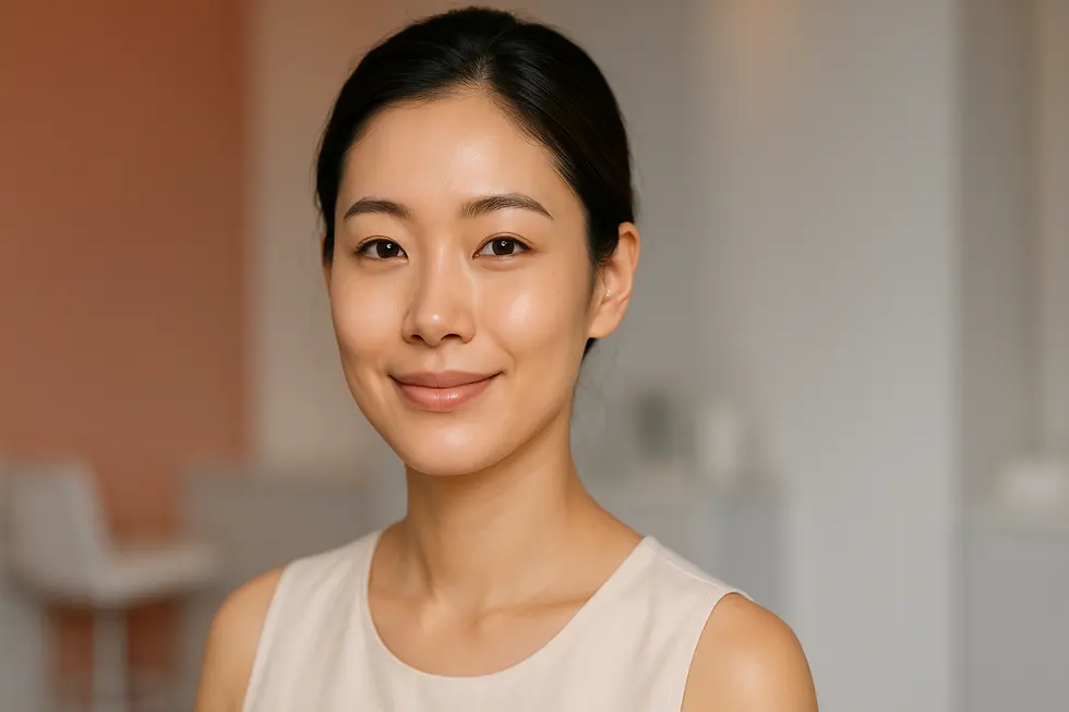 クワトロビーム治療によりシミや赤みがなくなり、透明感のある肌になったアジア人女性の笑顔のクローズアップ。