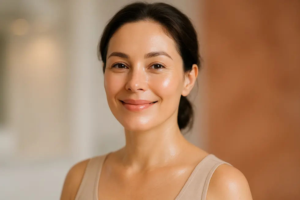 ハリとツヤがあり、若々しい印象の女性の顔のクローズアップ。肌は潤いに満ち、自然な輝きを放っている。