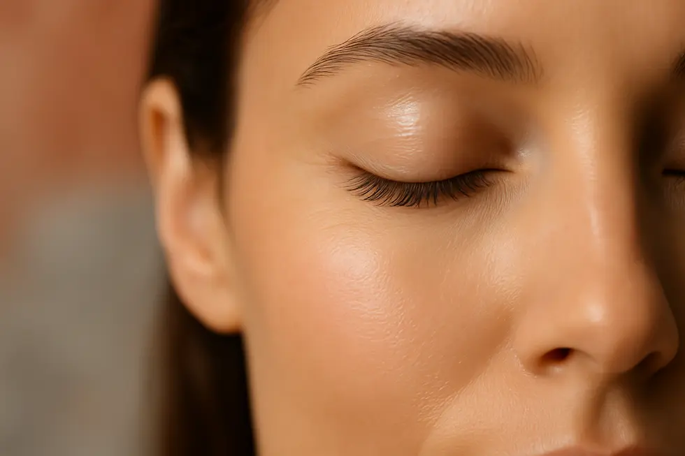 潤いとハリのある、若々しく輝く女性の目元のクローズアップ。