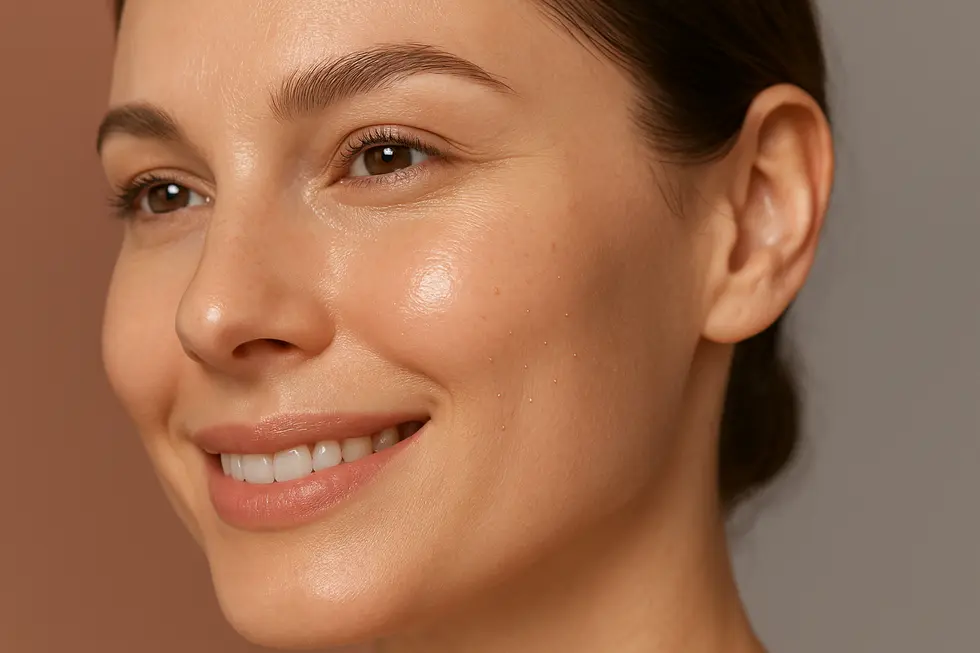 潤いとハリのある肌を持つ女性の顔のクローズアップ。レスチレンビタールの効果を視覚的に表現しています。