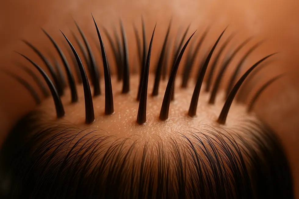 健康で清潔な頭皮と、そこから生える力強い髪の毛の根元を写したクローズアップ画像。温かみのある背景。