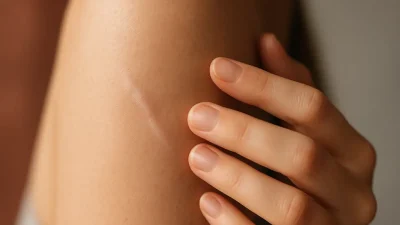 治療によって改善された、滑らかで目立たない傷跡のある肌のクローズアップ画像。