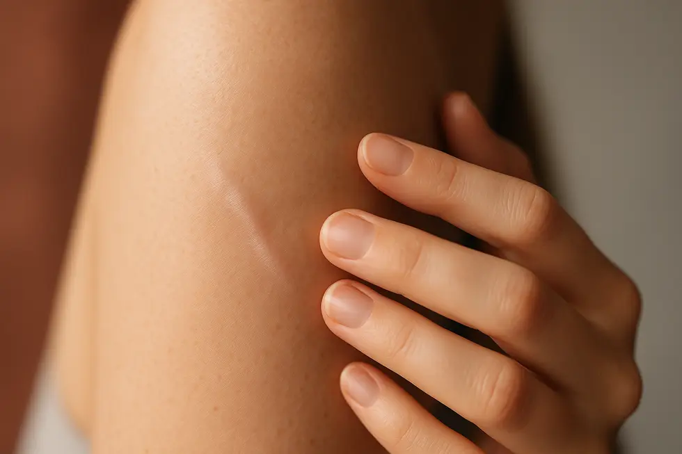 治療によって改善された、滑らかで目立たない傷跡のある肌のクローズアップ画像。