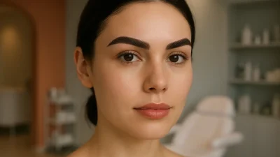 完璧に整えられた眉と自然なリップメイクを施した女性の顔のクローズアップ。