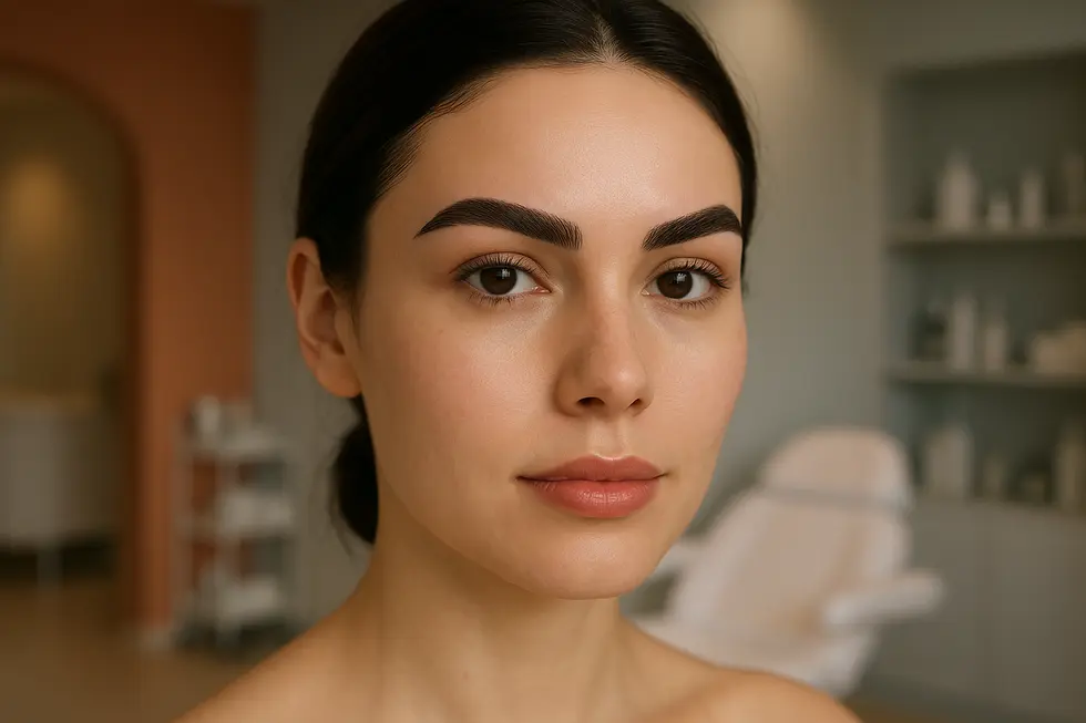 完璧に整えられた眉と自然なリップメイクを施した女性の顔のクローズアップ。