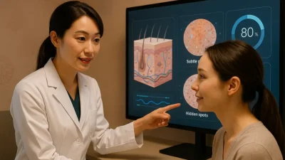 皮膚科医が大きなスクリーンに映し出された詳細な肌分析データを患者に説明している様子