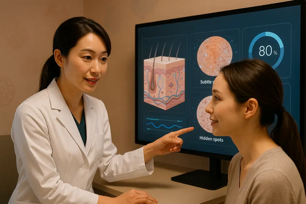 皮膚科医が大きなスクリーンに映し出された詳細な肌分析データを患者に説明している様子