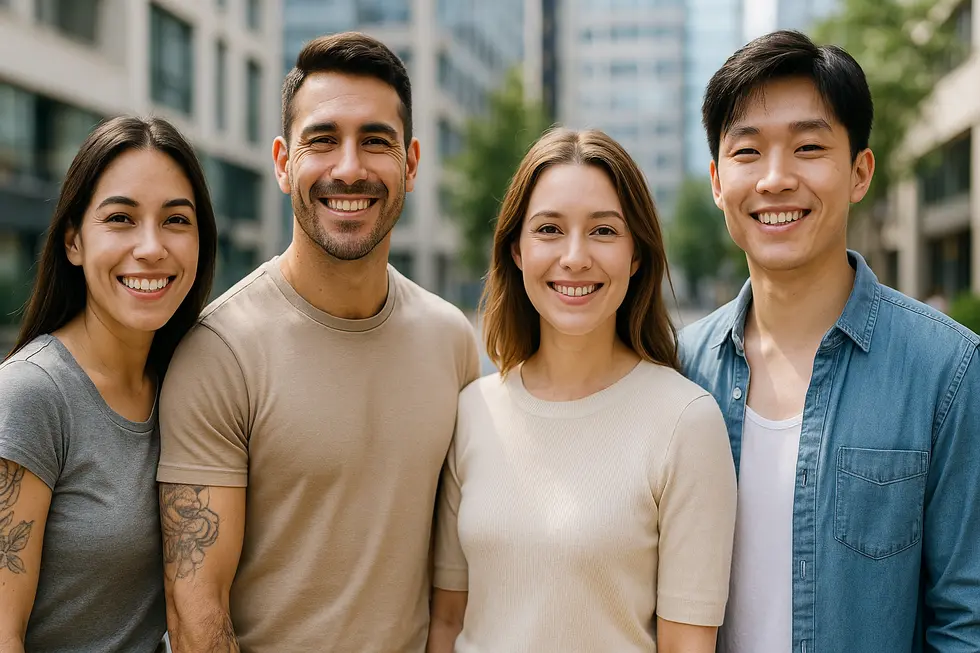 タトゥー除去後、自信を持って微笑む様々な人々の集合写真。かつてタトゥーがあった部分がきれいになっている。