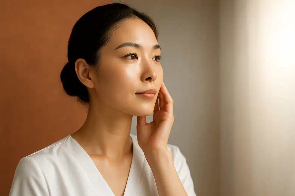 健康的で輝くような肌を持つ女性の穏やかな表情の画像。