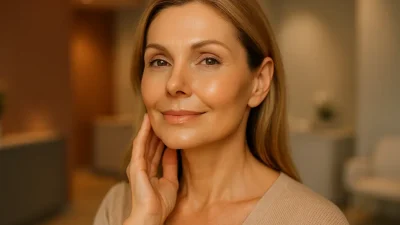 フェイスラインが引き締まり、ハリのある肌を持つ自信に満ちた女性の顔。