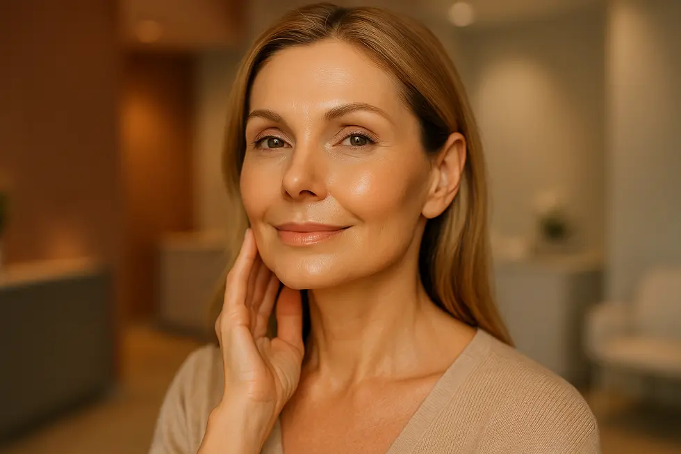 フェイスラインが引き締まり、ハリのある肌を持つ自信に満ちた女性の顔。