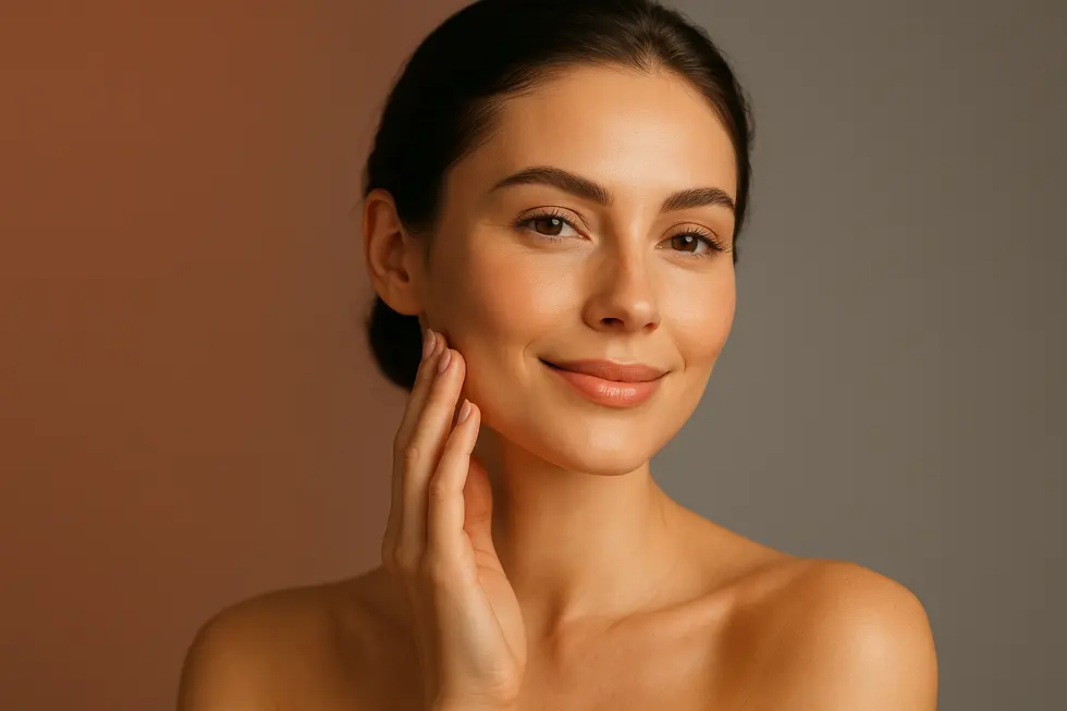 輝くようなハリのある肌の女性が優しく頬に触れている様子。
