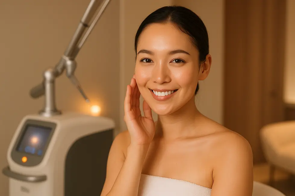 シミやくすみのない、透明感のある肌をした女性が自信に満ちた笑顔で写っている。背景には美容クリニックのモダンな空間とレーザー機器がぼんやりと見える。