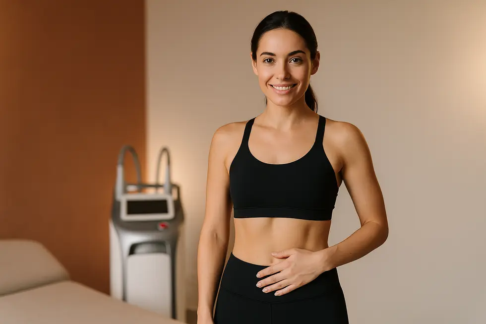 トゥルースカルプ施術後の引き締まった腹部を持つ女性が自信に満ちた笑顔を見せている。背景にはぼやけたトゥルースカルプ機器が見える。