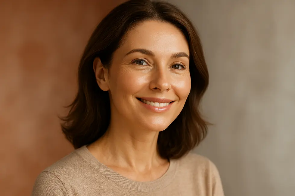 ウルトラVリフティング後の、引き締まったフェイスラインと輝く肌を持つ、若々しい笑顔の女性。